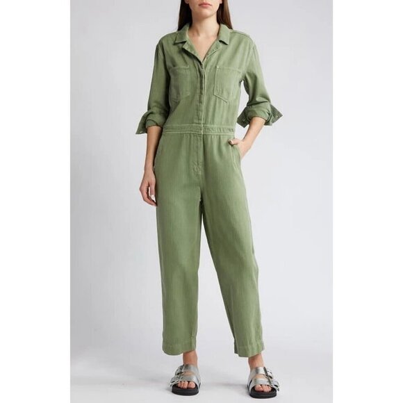 Treasure & Bond Utility Herringbone Long Sleeve Jumpsuit Olive Acorn Women S - Picture 1 of 16